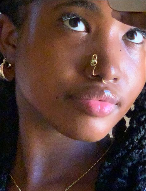 Nose cuffs are from julsc.ollection on IG #aesthetic skincare aesthetic #brownskingirl #nigerian #goldenchild Cuff Nose Ring, Nose Ring Cuff, Gold Nose Jewelry Aesthetic, Double Nose Piercing Aesthetic, Nose Cuffs Aesthetic, Nose Cuff Aesthetic, Gold Septum Piercing On Black Women, Black Women Nose Ring, Triple Nose Piercing