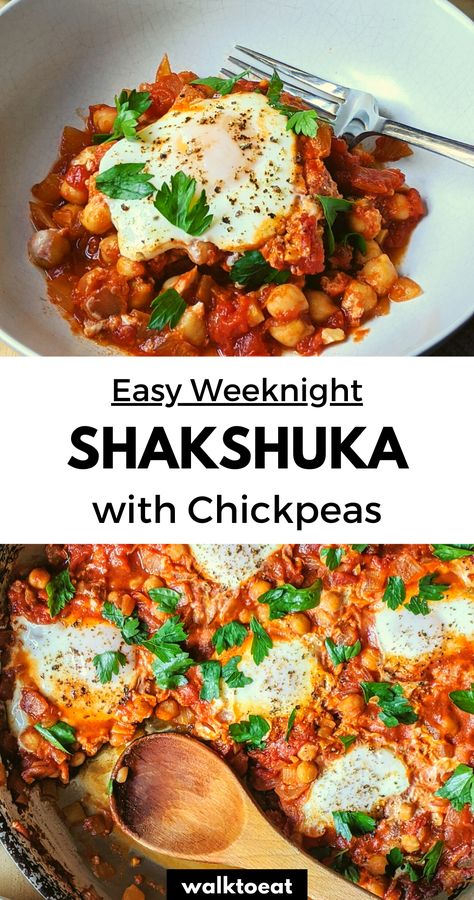 Chickpea Shakshuka Recipe, Shakshuka Chickpeas, Veggie Shakshuka, Vegetarian Shakshuka Recipe, Healthy Shakshuka, Shakshuka Healthy, Easy Shakshuka, Eggs Shakshuka, Breakfast Shakshuka