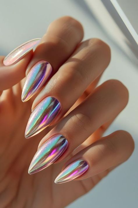 Top Summer Nail Trends for Your Next Manicure Ombre Chrome Nails, Stiletto Shaped Nails, Blue Chrome Nails, White Chrome Nails, Pink Chrome Nails, Nagellack Trends, Chrome Nails Designs, Nail Effects, Long Nail Designs