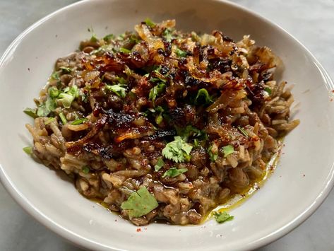 Lentils, Rice, Caramelized Onions and a Dinner to Remember - The New York Times Lentils Rice, Lentils And Rice, Lentil Recipes, Crumb Cake, Favourite Food, Dried Beans, Vegetarian Meals, Caramelized Onions, Whole Foods