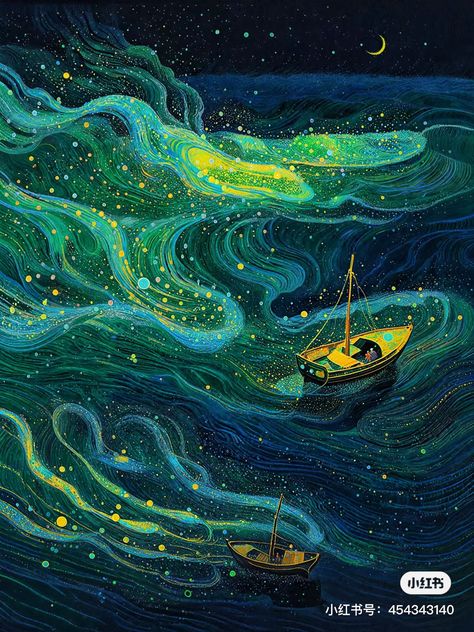 Whimsical Gouache Painting, Celestial Painting Ideas, Celestial Art Aesthetic, Night Ocean Painting, Undersea Illustration, Space Concept Art, Aesthetic Wall Painting, Imagination Painting, Whimsical Landscape