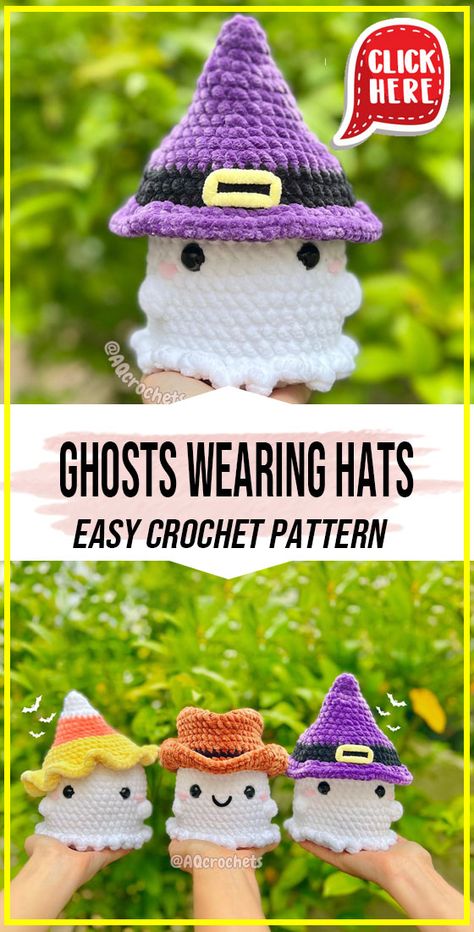 crochet Ghosts Wearing Hats easy pattern  - Easy Crochet Ghosts Wearing Hat Pattern for Beginners. Click to Get the Pattern #Hat #crochet #crochetpattern
 via @shareapattern.com Which Hat Crochet Pattern, Crochet Patterns For Beanies, 3 Weight Yarn Crochet Hat Pattern Free, Crochet Witch Hat Free Pattern, Crochet Ghost Hat, Crochet Frog Hat Pattern Free, Crochet Witches Hat Pattern Free, Halloween Crochet Hats, Crochet Ghost Pattern Free