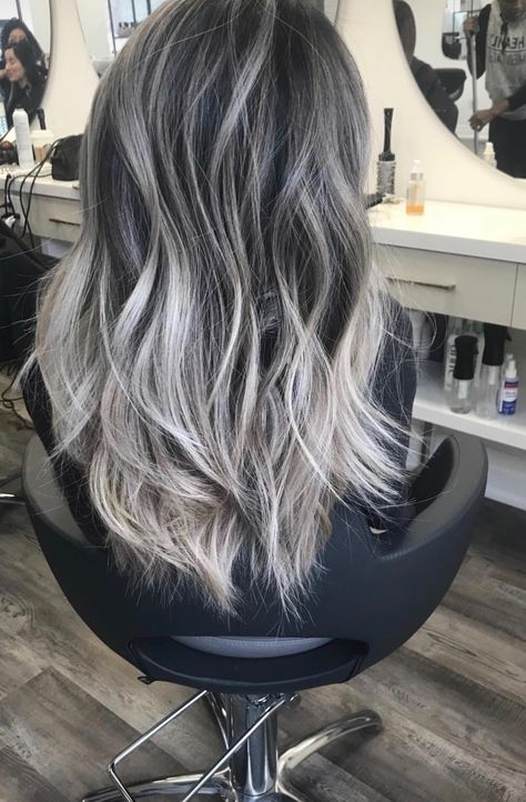 Dark Ombre Hair Short, Black To Silver Balayage, Silver Blonde Hair Balayage, Cool Grey Hair, Edgy Blonde Hair, Hair For Brunettes, Grey Balayage, Balayage Hair Grey, Blue Grey Hair