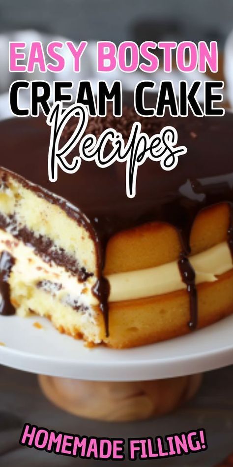 Easy Boston Cream Cake This delectable dessert features layers of moist sponge cake sandwiched with creamy custard and topped with a rich chocolate ganache. With its irresistible combination of flavors and textures, this Boston cream cake is sure to be a hit at any gathering Moist Sponge Cake, Boston Cream Cake, Boozy Chocolate, Custard Cake, Decadent Chocolate Cake, Boston Cream, Chocolate Cookie Recipes, Cake Fillings, Chocolate Recipe