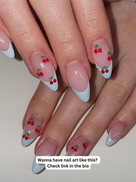 blue french nails Nail Designs With Pink Base, Nail Designs With Pink, French Tips With Cherries, Pr Nails, Blue French Nails, Blue French Tip, Blue French Tips, Blue French, French Tip Nails