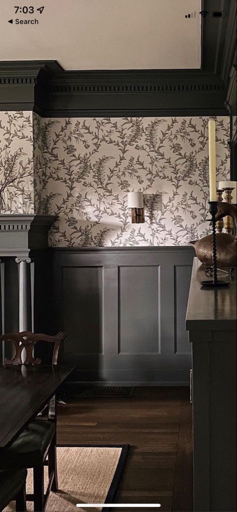 Grizzle Gray, Moody Dining Room, Jean Stoffer Design, Jean Stoffer, Dark Dining Room, Dining Room Wallpaper, Grey Dining Room, Country Dining, Dark And Moody