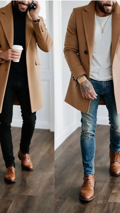 Elevate Your Wardrobe: 20 Must-Try Men's Winter Fashion Ideas for 2024 42 Orange Turtleneck Outfit Men, Casual Outfits For Tall Guys, Mens Black Overcoat Outfit, Concert Outfit Men Winter, Men’s Winter Fashion Business Casual, Tan Peacoat Outfit Men, Paris Outfits Winter Men, Classy Cowboy Outfit Men, Men's Business Casual Outfits 2024