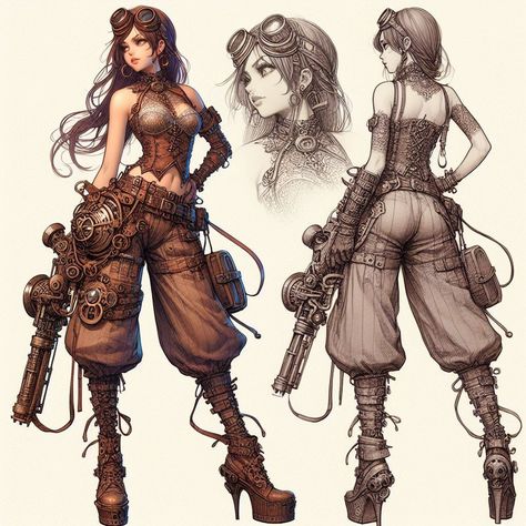 Mechanical Woman Art, Artificer Fantasy Art, Character Inspiration Outfits, Female Steampunk Outfit, Inventor Aesthetic Outfit, Tinkerer Character Design, Steampunk Outfits Drawing, Steampunk Character Design Female, Pirate Fantasy Art