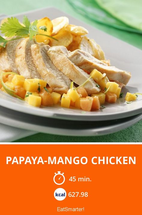 Papaya-Mango Chicken - 627 kcal - simple dish - A recipe idea by EAT SMARTER | Roast, Poultry, grilling, Light Cooking, baked dish #chicken #recipes Papaya Recipes Dessert, Papaya Chicken, Mango Chicken Recipes, Baked Dish, Papaya Recipes, Light Cooking, Mango Chicken, Healthy Delicious Recipes, Chicken Breast Seasoning