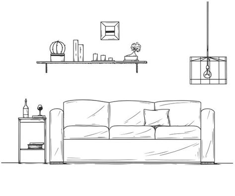 Interior Design Vector, Interior Design Sketchbook, Drawing Furniture, Furniture Design Sketches, A Level Art Sketchbook, Interior Architecture Drawing, Interior Design Drawings, White Sofa, Interior Design Sketches