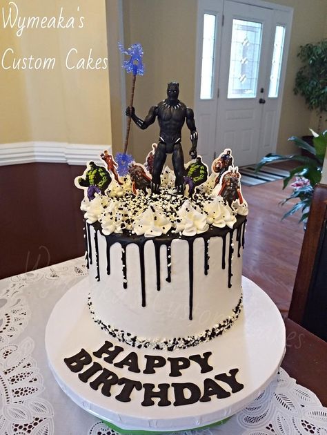 White Cake With Black, Panthers Cake, Birthday Drip Cake, Twin Birthday Cakes, Cake For Boyfriend, 25th Birthday Cakes, Marvel Cake, 4th Birthday Cakes, Birthday Wishes Cake