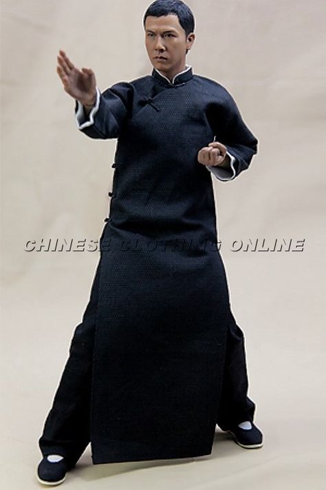 Mandarin Robe w/ White Folding Cuffs (CM) Ip Man Wing Chun, Martial Arts Fashion, Chinese Attire, Wing Chun Kung Fu, Winter Training, Donnie Yen, Ip Man, Coat For Men, Tai Chi Chuan