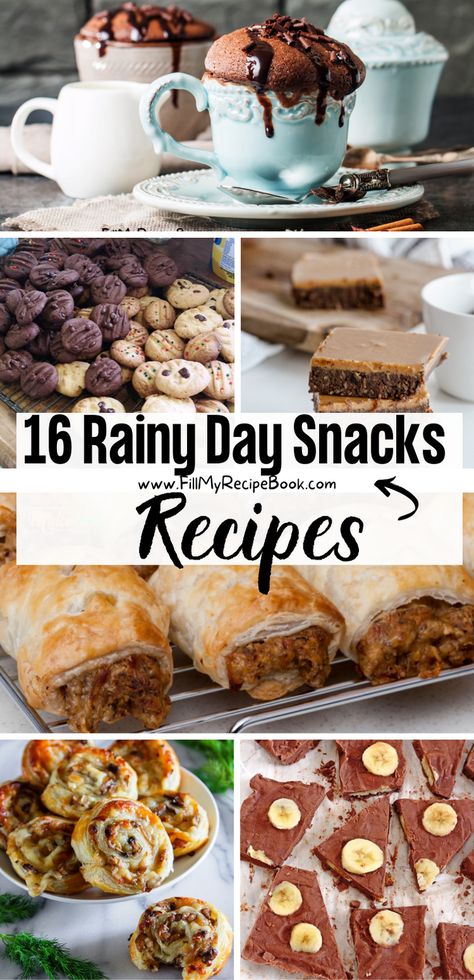 We share some snack recipe ideas to bake or no bake, for snacks for kids or families, being pastry sausage rolls or pin wheels with fillings. Biscuits or cookies with brownies and cake in a mug, in minutes, many more to choose from. Healthy Rainy Day Snacks, Easy Rainy Day Desserts, Easy Daytime Snacks, Rainy Day Recipes Desserts, Rainy Day Cooking Ideas, Rainy Day Things To Bake, Rainy Day Treats, Rainy Day Snacks Comfort Foods, Snacks For Snow Days