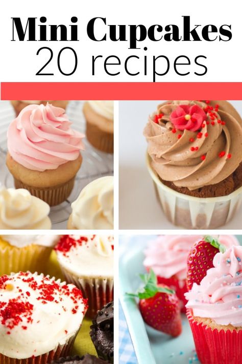 A collection of 20 amazing mini cupcake recipes. Everything from delicious chocolate and peanut butter mini cupcakes to a classic vanilla. These mini cupcakes are great for every occasion. Mini Strawberry Cupcake Recipe, Mini Cupcakes With Filling, How To Fill Mini Cupcakes, Mini Cakes Using Cupcakes, Gourmet Mini Cupcakes, Strawberry Mini Cupcakes, Tea Party Mini Cupcakes, Mini Cupcake Flavors, Mini Cupcake Desserts