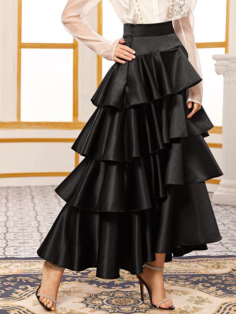 Layered Ruffle Satin Maxi Skirt Check out this Layered Ruffle Satin Maxi Skirt on Shein and explore more to meet your fashion needs! Layered Skirt Designs, Satin Ruffle Skirt, Designer Skirt Outfits, Layered Skirt Dress, Long Layered Skirt Outfit, Long Skirt Outfits Formal, Long Ruffle Skirt Outfit, Fancy Skirt Outfits, Ruffled Skirt Outfit