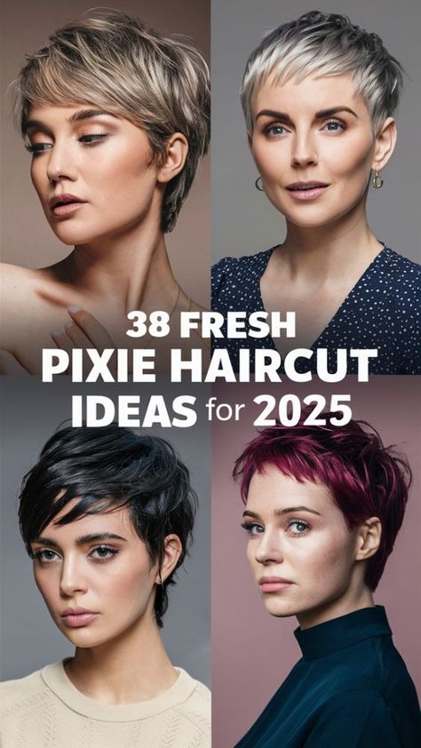 Looking for inspiration? Pixie Haircut Fresh Ideas 2025 bring back the 90s with a grunge twist. A short, messy pixie cut is cute and feminine, while longer styles with wavy hair add texture and volume. This modern take on a classic cut is ideal for women with fine hair or curly hair. Try a bold color like ginger or silver to make your pixie stand out. It’s the perfect style for a fresh, edgy look. 1980 Short Hairstyles, Pixie Haircut Tapered Back, Pixie Haircut On Thick Hair, Cute Trendy Short Haircuts, Highlight Short Hair Pixie, Ladies Pixie Haircuts, Short Hairstyle Women Messy, Bowl Haircuts Women, Pixie Feminine Haircut