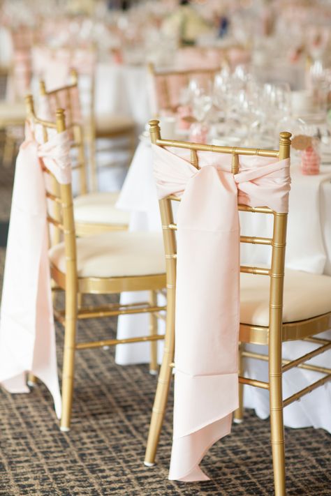 Gold Chiavari Chairs With Blush Sash Ties Wedding Chair Sashes, Gold Chiavari Chairs, Pink Tablecloth, Pink Sash, Stencil Decor, Pink Wedding Inspiration, Chair Ties, Custom Table Cloth, Chair Sash