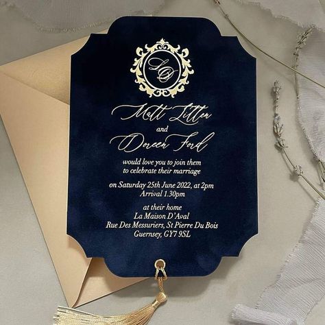 Blue Gold Wedding Invitation, Junaid Khan, Velvet Wedding Invitations, Vintage Invitation, Blue Gold Wedding, Invitation Layout, Dream Wedding Reception, Martha Weddings, Classy Wedding Invitations