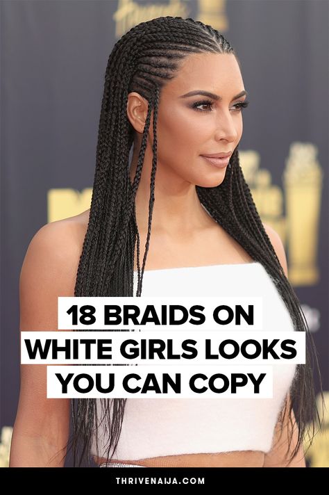 You want proof that white girls look good on braids? See Kim Kardashian and 17 others! Braids For Blondes, Cornrow Ideas For White Woman, Box Braids White Hair, Braided Hairstyle White Women, White With Braids, White Hair Braided Hairstyles, Braided Hair Designs, Beyonce With Braids, Cool Braided Hairstyles For Long Hair