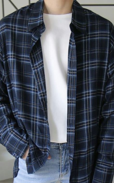 Men Blue Flannel Outfit, Blue Shirt Men Aesthetic, Flannel Shirt Aesthetic Men, Open Flannel Shirt Outfit Men, Flannel Male Outfit, Dark Flannel Outfits Men, Nerdy Aesthetic Outfits Men, Blue Flannel Outfits Men Streetwear, Dark Blue Flannel Outfits