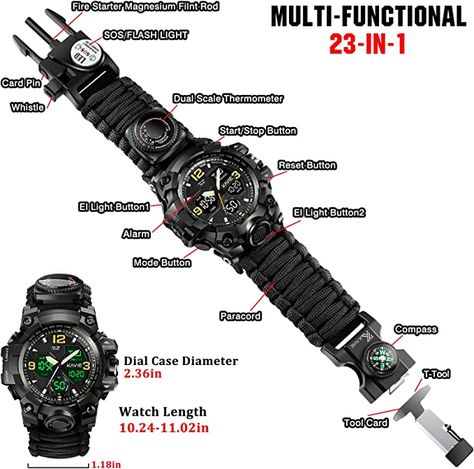 AmazonSmile: 23-in-1 Survival Military Digital Watch, Mens Tactical Multi-Functional and Adjustable Wristband Outdoors Waterproof Black Sports Dual Dial Watches with Compass Paracord Band : Clothing, Shoes & Jewelry Tactical Jewelry, Tactical Gadgets, Survival Outfit, Cool Tactical Gear, Survival Watch, Compass Watch, Tactical Watch, Military Accessories, Tactical Life