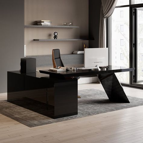 Homary Desk, Black Home Desk, Home Office Elegant, Large Office Design, Home Office Ideas Black, Black Office Design, Office Black Desk, Elegant Office Design, Black Office Desk