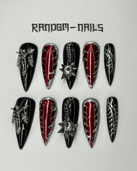 Red nails with black and silver #gothnails #gothicnails #spidernails #lacenails #ornamental #ornamentalnails #spookynails #cathedralnails #rednails #redandblacknails Nails With Black And Silver, Metalhead Nails, Red Nails With Black, Alt Nails, Nails With Black, Gothic Nails, Lace Nails, Goth Nails, Gorgeous Nails