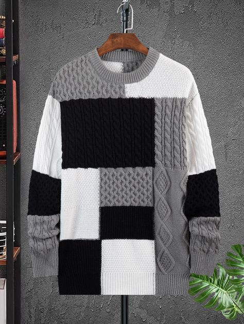 Multicolor Casual Collar Long Sleeve Fabric Colorblock Pullovers Embellished Slight Stretch  Men Knitwear Man Knitting Sweater, Men’s Knit Sweater, Mens Knitwear, Men’s Knitted Jumper Outfit, Men’s Knitted Jumper Patterns, Multicolor Sweater For Men Modle, Black Knitwear, Sweater Outfits Men, Ladies Cardigan Knitting Patterns