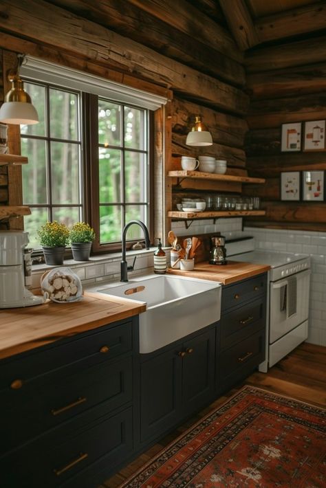 Log Cabin Farmhouse Style Kitchen, Log Home Inspiration, Small Modern Cabin Kitchen, Log House Kitchen Modern, Cabin Chic Kitchen, Modern Rustic Cottage Interiors, River Cabin Interior, Cottage Cabin Interior, Mountain Lodge Interior Design