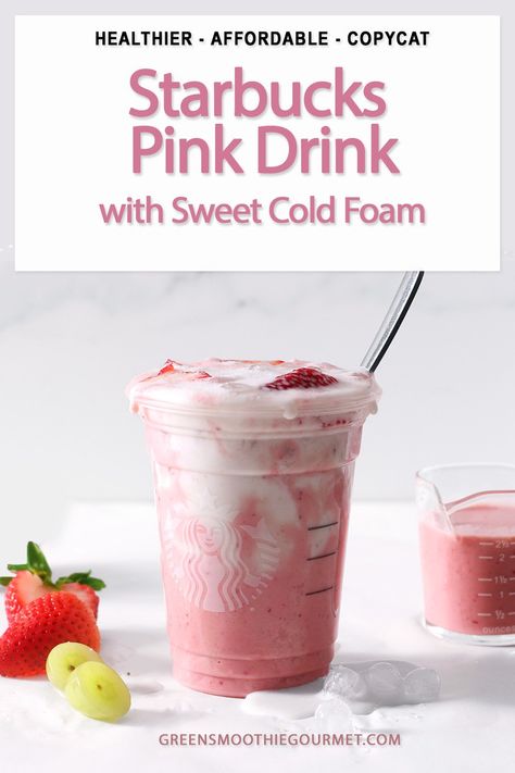 This Starbucks pink drink with cold foam is a skinny copycat of the popular trenta pink drink. Make a more wholesome version with fresh strawberries, milk and sweet vanilla cold foam or chocolate cold foam. Sweet Vanilla Cold Foam, Chocolate Cold Foam, Vanilla Cold Foam, Starbucks Pink Drink Recipe, Pink Drink Starbucks, Fruit Drinks Recipes, Copycat Starbucks Drinks, Starbucks Flavors, Starbucks Pink Drink