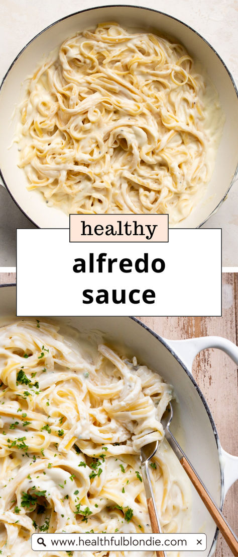 This secretly healthy Alfredo sauce is irresistibly creamy and rich, without any heavy cream or butter. Ready in under 20 minutes, it's lightened up with low-fat cream cheese, parmesan, and skim milk—making it the perfect choice for a quick and easy weeknight dinner! Alfredo Sauce With Greek Yogurt, Low Fat Creamy Pasta Sauce, Oat Milk Alfredo Sauce, Low Fat Alfredo Sauce Recipe, Healthy Cream Sauce For Pasta, No Cream Alfredo Sauce, Healthier Alfredo Sauce, Pasta Sauce Without Heavy Cream, Low Cal Alfredo Sauce