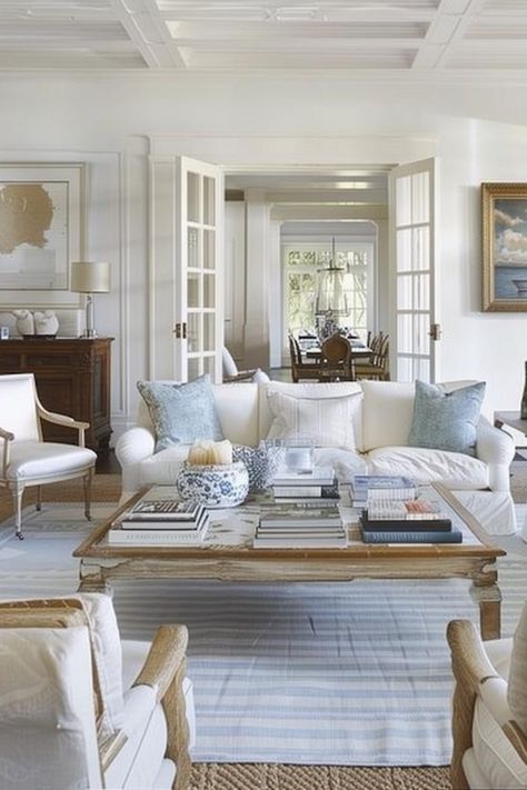 Nancy Meyers Interior Design Aesthetic: How To Get The Look Hamptons Aesthetic Living Room, Rooms With White Sofas, Layered Home Decor, White Slipcover Sofa Living Room Ideas, Coastal Vintage Living Room, Nancy Meyers Beach House, Nancy Meyers Dining Room Aesthetic, Coastal Grandmother Home Decor, Nancy Meyers Homes