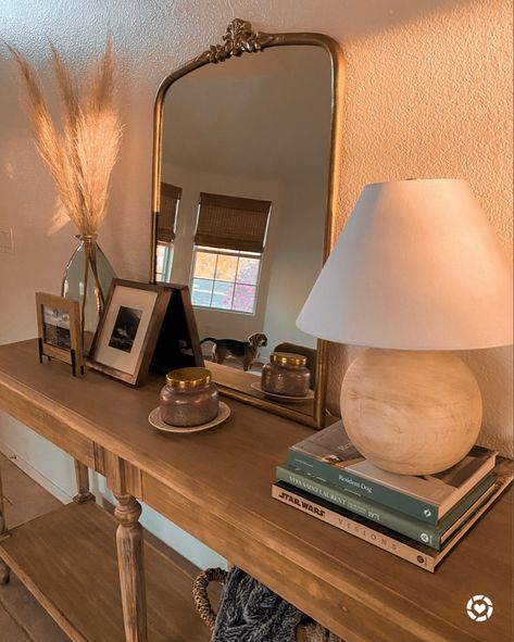 Entry Table With Gold Mirror, Side Table With Mirror Above, Entry Table In Bedroom, Everett Foyer Table Fall Decor, Foyer Lamps Entryway, Front Door Table Entryway, Entryway Table With Mirror, Entryway Table Lamp, Free Iphone App Icons