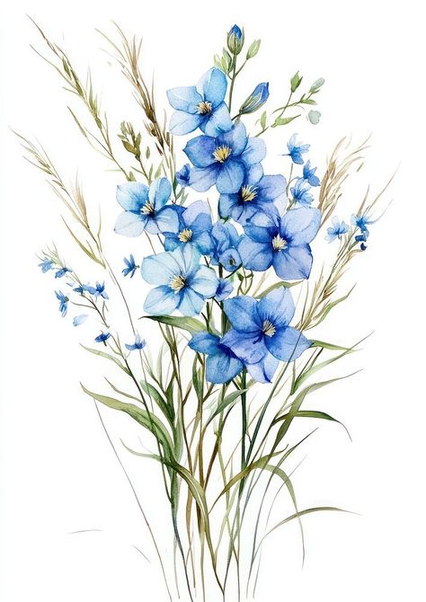 Small bouquet of Delphiniums in grass art illustration watercolor. | free image by rawpixel.com / Pinn Grass Art, Grass Flowers, Flax Flowers, Grass Flower, Illustration Watercolor, Small Bouquet, Plant Pattern, Delphinium, Botanical Illustration