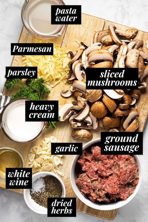 20 Minute Creamy Sausage Pasta | Midwest Foodie Mushroom Ravioli With Sausage, Spinach Mushroom Sausage Pasta, Chorizo Mushroom Pasta, Creamy Mushroom Sausage Pasta, Mushroom And Sausage Recipe, Italian Sausage And Mushroom Recipes, Sausage Mushroom Recipes, Mushroom Sausage Pasta, Mushroom Cream Sauce Pasta