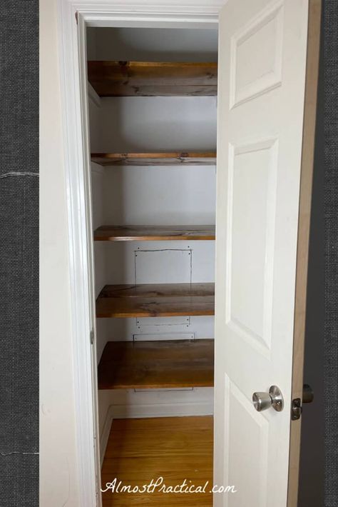 Wood Pantry Shelves, Pantry Makeover Diy, Small Linen Closet Organization, Desain Pantry Dapur, Diy Pantry Shelves, Wood Pantry, Pantry Renovation, Small Linen Closets, Armoire Dressing