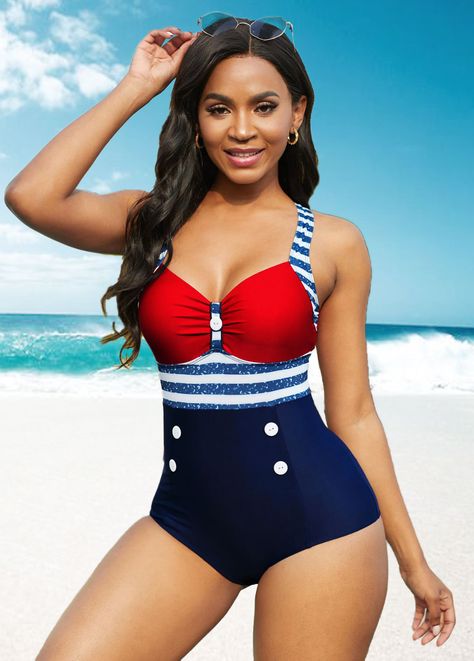 American Flag Print Cutout Back Button Detail One Piece Swimwear Lingerie Design, Swimwear Pattern, Swimsuits Outfits, American Flag Print, One Piece For Women, Bra Styles, One Piece Swimwear, Fashion Online Shop, American Flag