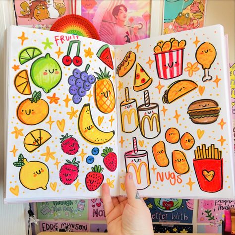 Been a while since I shared a sketchbook spread so thought I’d share something tasty and colourful today. Might try and make it a Sunday thing. (I’ll probably forget) 😂🍟🍓 🏷️ #illustration #illustrationartist #illustrator #doodles #kawaiiart #illustragram #sketchbook #kellylou #doodles #doodle #sketchbookpage Acrylic Paint Doodles, Colouring Drawings Ideas, Coloured Pencil Doodles, Colouring Doodles, Sketch Colour Drawing, Simple Colorful Drawings, Colorful Sketchbook Ideas, Cute Colorful Doodles, Forget Illustration