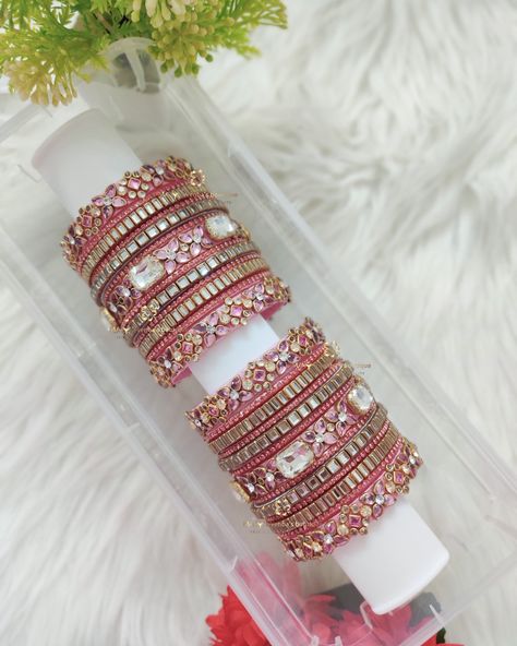 ⚜️ New launch :: Customized Bridal Kundan Bangles in baby pink with white stone combo with hangings ✨ ⚠️Strictly don’t copy our designs. Respective copyright actions will be taken accordingly 💌 We’re exclusively specialized in silkthread shining finishing and intricate stone finishing 🥰🥰 💥💥 Follow @maya_venba_boutique for upcoming exquisite bangles collections and exclusive finishing ❣️ ❣️ DM/Whatsapp - 8637452661 to get customized ❣️ Bridal bangles and bulk orders are accepted for all ... Bridal Kundan Bangle Set, Bride Bangles Indian Bridal, Bangles For Lehenga, Kundan Bangles Design, Aari Bangles, Bride Bangles, Diy Bangles, Bangles Bridal, Kada Bangles