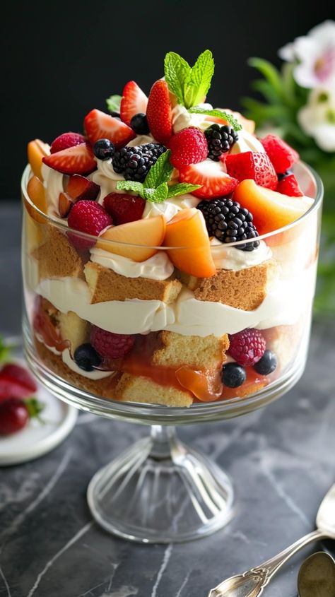 Traditional Trifle Recipes, Fruity Trifle Desserts, Gf Trifle Desserts, Fruit Trifle Desserts Easy, Savory Trifle Recipes, Trifle Bowl Ideas, Winter Fruit Desserts, Pretty Dessert Recipes, Fruity Christmas Desserts