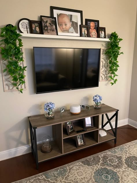 Side Of The Tv Decor, Living Room Tv Wall Ideas Small Apartments, Living Room Ideas With Tv On The Wall, Tele On Wall Ideas, Mounted Tv Living Room Decor, Bedroom Decor Around Tv, Above Tv Shelf Ideas, Wall Next To Tv Decor, Wall Decor Over Tv Living Room