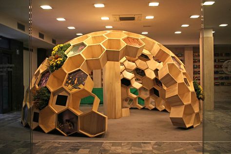 Bee Exhibition, Geodesic Dome Homes, Bee House, Honey Shop, Bee Inspired, Dome House, Geodesic Dome, Bee Art, Booth Design