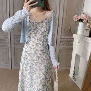 Shinobu - Square-Neck Floral Midi Dress | YesStyle Kawaii, Long Dress Elegant, Floral Dress Outfits, Long Dresses Elegant, Sleeveless Dresses, Korean Fashion Dress, Long Dress Casual, Dresses Blue, Blue Floral Print