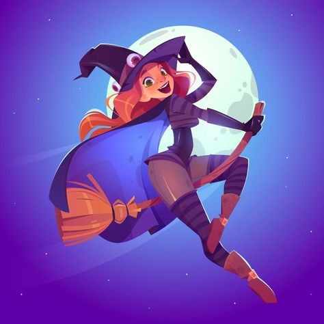 Free Vector | Beautiful witch, redhead woman in spooky hat flying on broom in night sky Easy Digital Art Ideas, Easy Digital Art, Witch Flying On Broom, Digital Art Ideas, Magic Doodle, Creepy Animals, Halloween Party Night, Greeting Poster, Party Cartoon