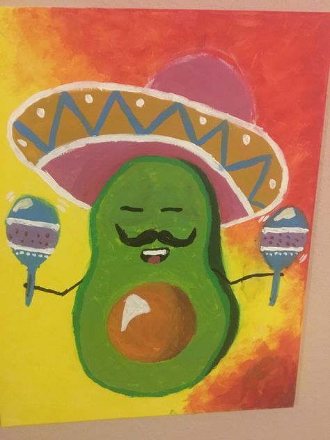 Simple Mexican Paintings, Easy Mexican Painting Ideas, Mexican Paintings Ideas Easy, Taco Painting, Fiesta Painting, Mexican Paintings Ideas, Mexican Avocado, Avocado Painting, Mexican Paintings