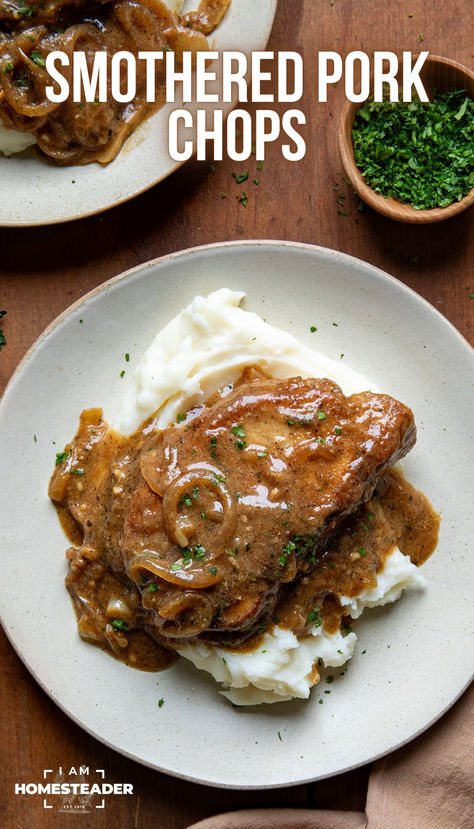 a large white plate has a pile of mashed potatoes with a smothered pork chop on top of them. Thick Cut Pork Chop Recipes, Buttermilk Gravy, Pork Loin Chops Recipes, Oven Pork Chops, Perfect Pork Chops, Southern Cooking Recipes, Pork Chops And Gravy, Tender Pork Chops, Smothered Pork