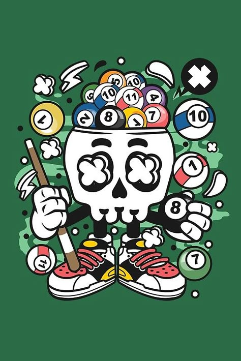 Billiard Skull Cartoon Character - Fun for people who live pool - snooker - billiard - Fun! Billiard Wallpaper, Billards Art, Billiards Art, Skull Cartoon, Doodle Wall, Cornhole Designs, Trill Art, Ball Aesthetic, Graffiti Style Art