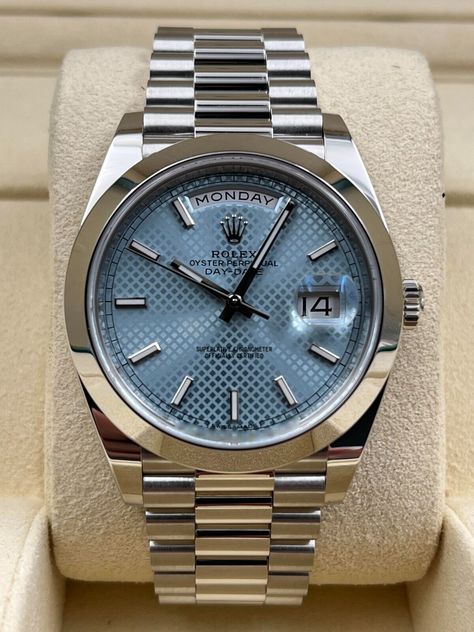 Rolex Day-Date 40mm Ice Blue Motif Dial Platinum 228206 Pre-Owned 2020 | eBay Watches Aesthetic, Luxurious Watch, Rolex Watches For Men, Expensive Jewelry Luxury, Men's Watches Luxury, Mens Fashion Wear, Premium Watches, Bath Sponge, Rolex Men