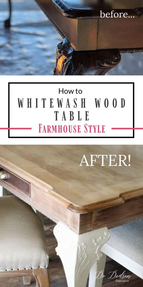 WOWZER! Look at the farmhouse beauty I discovered underneath. I never dreamed that my family heirloom wood table would look like this! It was dark and dreary but I couldn't get rid of it. So, I used a whitewash technique after stripping it down.   #dododsondesigns #whitewashtable #whitewash #tablemakeover How To Refinish Dark Wood Furniture, Refurbish Dining Room Table Wood, Bleached Wood Buffet Table, Restained Wood Dining Table, Whitewash Table Diy, White Furniture With Dark Wood Top, Whitewash Wood Table, Refinish Table Top Wood, Whitewash Dark Wood Furniture