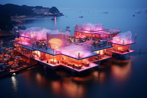 A large waterfront floating restaurant is a wide-format AI artwork made by using Midjourney. Water Restaurant Design, Floating Restaurant Design, Singapore Things To Do, Singapore Attractions, Floating Architecture, Floating Restaurant, Floating Hotel, Hotel Beach, Singapore Hotels